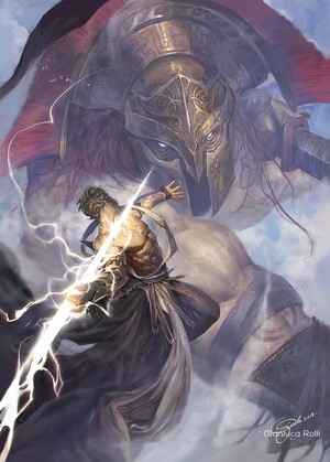Zeus fighting a giant with lightning