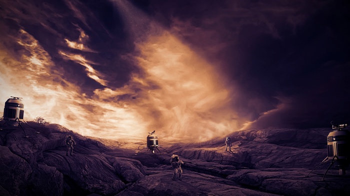 Astronauts and spacecraft on a rocky alien planet