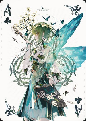 Anime girl with butterfly wings and playing cards