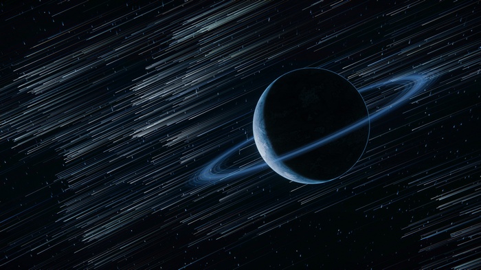 Planet with rings and meteor shower in space