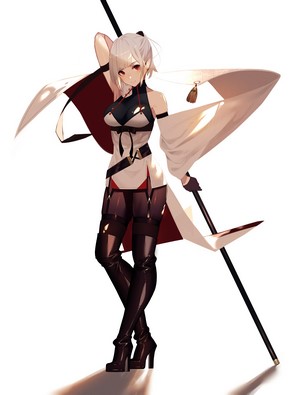 Anime girl with white hair and red eyes holding a staff