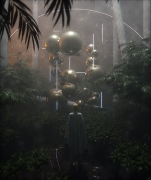 Surreal digital art render of golden spheres in a jungle