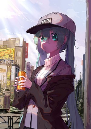 Hatsune Miku with a can in a city