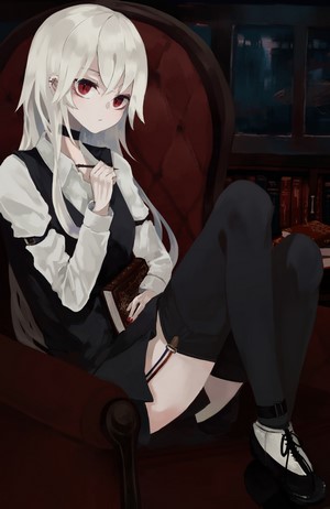 Anime girl with white hair and red eyes sitting in a chair