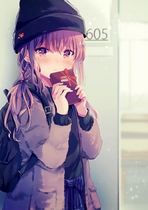 Anime girl with braids holding a gift box