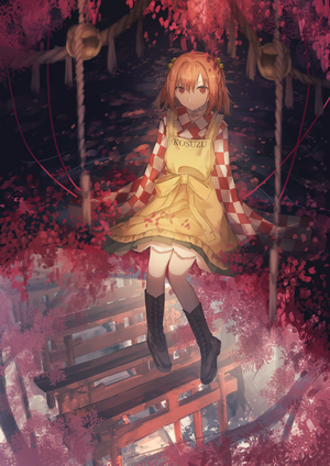 Kosuzu Motoori from Touhou surrounded by red leaves