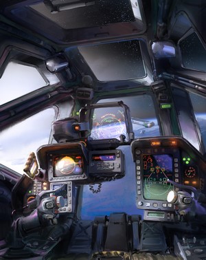 Futuristic spaceship cockpit with view of planet