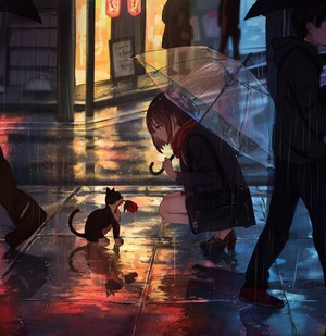 Anime Girl and Cat in Rainy Urban Night