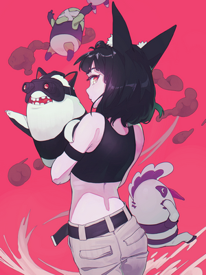 Anime girl with cat ears and creatures