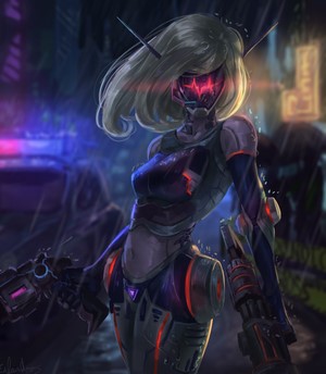 Cyborg artwork in a futuristic city