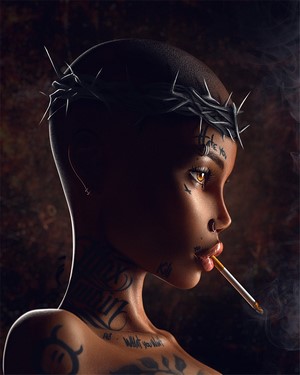 Artwork of a woman with tattoos and a crown of thorns smoking