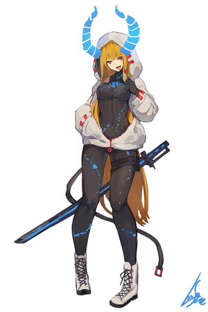 Anime monster girl with blue horns and sword