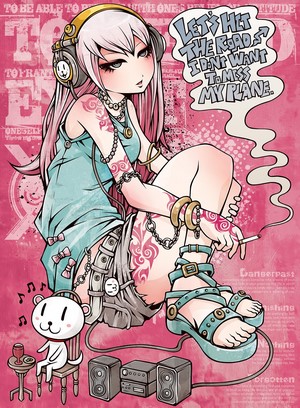 Anime girl with headphones and tattoos smoking