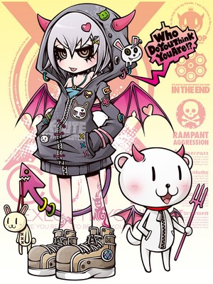 Anime girl with devil horns and wings with a bear