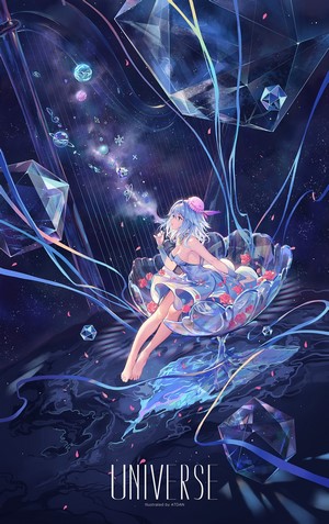 Girl in a cosmic harp setting with planets and crystals
