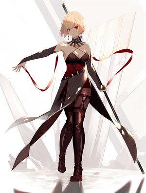Anime girl with blonde hair and red eyes holding a staff