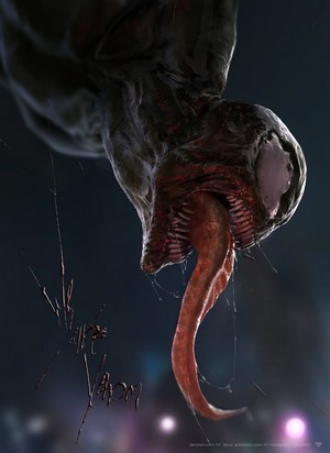 Venom hanging upside down with tongue out