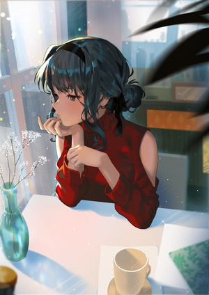 Anime girl in red dress by window