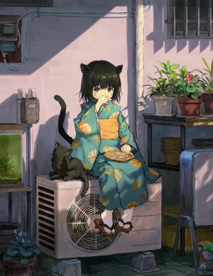 Anime girl with cat ears in a kimono with a cat