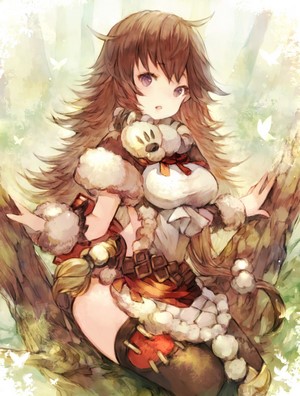 Anime girl with brown hair and teddy bear in forest
