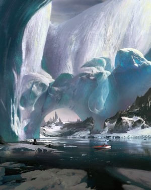 Artwork of an iceberg landscape with a boat