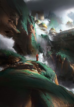Fantasy landscape with monk and golden domed buildings