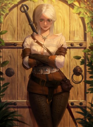 Ciri from The Witcher standing in front of a wooden door