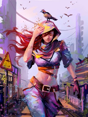 Woman with red hair and bird on hood in city