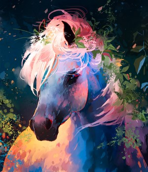 Colorful digital painting of a horse with flowers