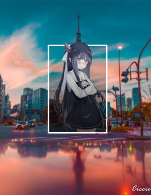 Anime girl with horns in a city