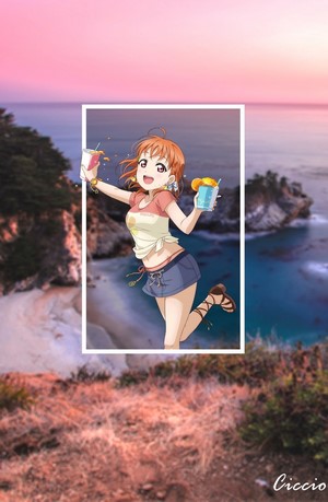 Anime girl with drinks on a beach background