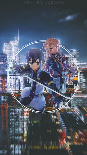 Kirito and Asuna from Sword Art Online in a city