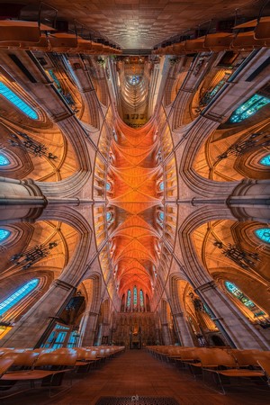 Symmetrical Cathedral Interior with Arched Ceiling
