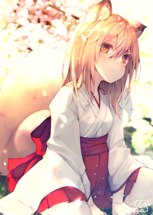 Fox girl in Miko outfit with cherry blossoms