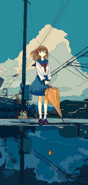 Anime girl in school uniform holding an umbrella