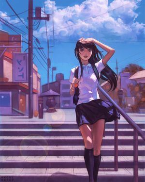 Schoolgirl walking up stairs by Angel Ganev