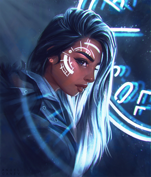 Cyberpunk Woman with Neon Markings by Angel Ganev