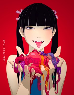 Girl holding a pile of colorful, dripping hearts