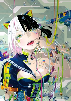 Anime girl with black and white hair and cat ears