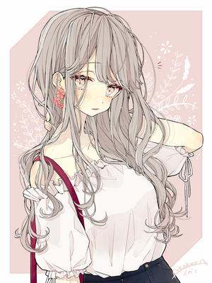 Anime girl with long gray hair and pink flowers