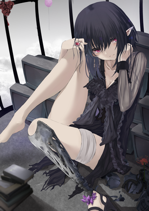 Anime girl with dark hair and prosthetic leg
