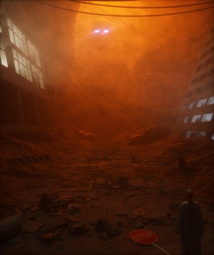 Apocalyptic city ruins with a lone figure and a stop sign