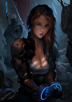 Digital painting of a woman in armor with glowing handcuffs