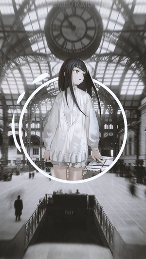 Anime girl in a white outfit at a train station