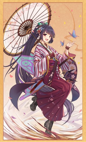 Anime girl in kimono with umbrella and butterflies
