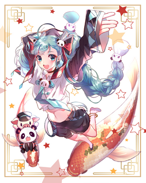 Hatsune Miku with Koi Fish and Pandas