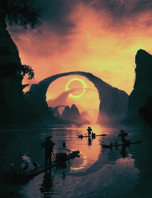 Fantasy landscape with eclipse over river and boats