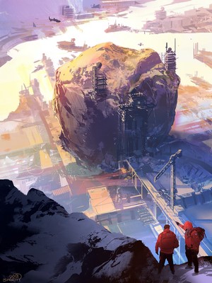 Artwork of a mining operation on a large asteroid
