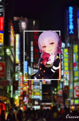 Anime girl with purple hair and red eyes in Tokyo