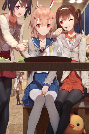 Anime girls eating at a table